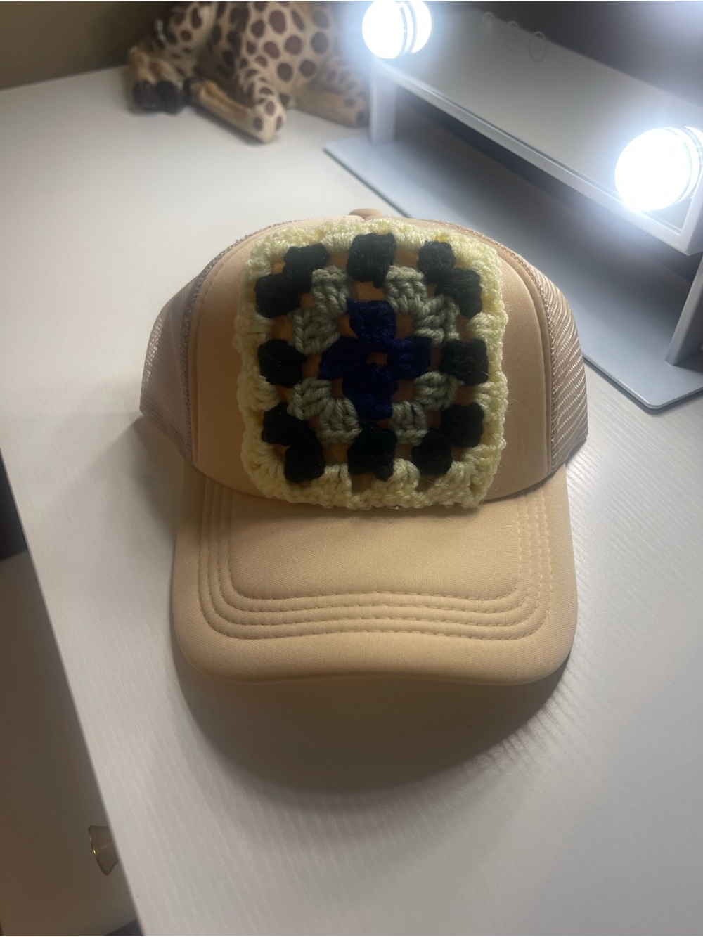 Beige Trucker Hat with Crocheted Patch